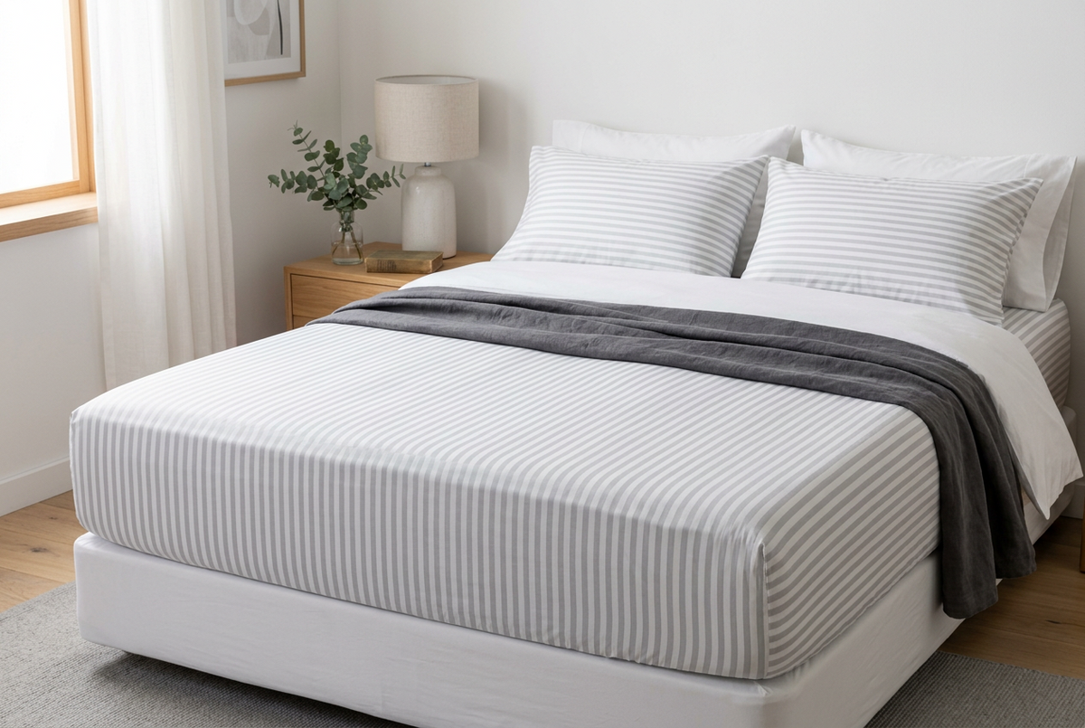 Fitted Sheet Taupe Grey Stripe 1-Piece 1000TC 100% Cotton Deep Pocket